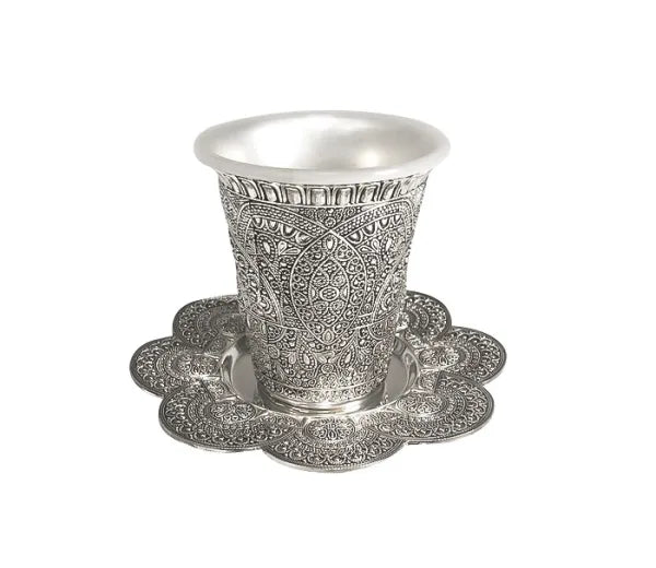 Kiddush Cup Set Filigree Silver Plate Plastic Insert Included