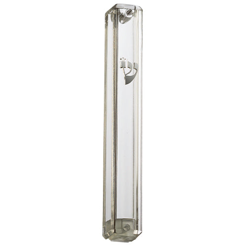 Transparent Plastic Mezuzah With Rubber Cork 15 Cm- With Silver Shin