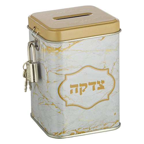 Tin Tzedakah Box 10 cm- Marble - Gold