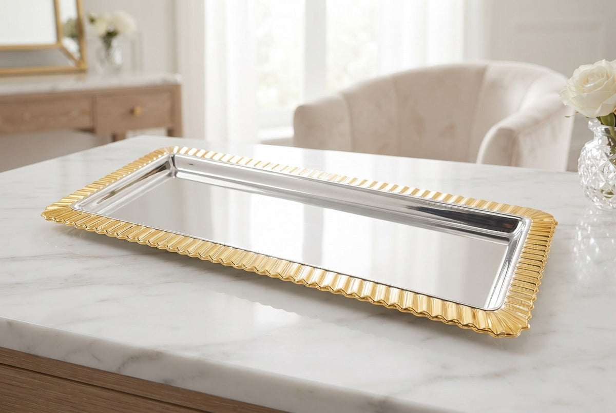 Silverplated Tray - Gold Border Design 15 x 7.5 in