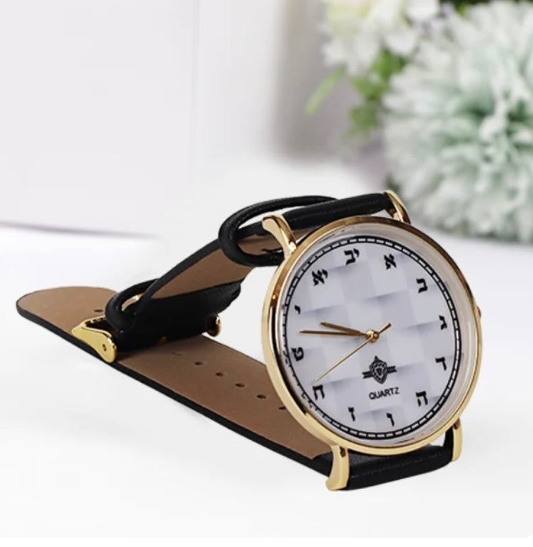 "Watch with Aleph Bais" Black Handle Black 'n White face Gold rim