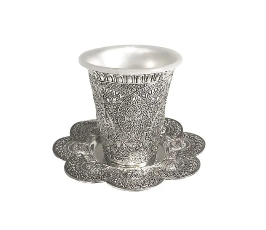Kiddush Cup Set Filigree Silver Plate Plastic Insert Included
