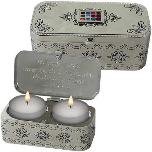 Nickel Travel Size Candlesticks In A Box With Cover. Inlaid With Choshen Stones