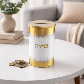 Tzedakah Box Brushed White & Gold