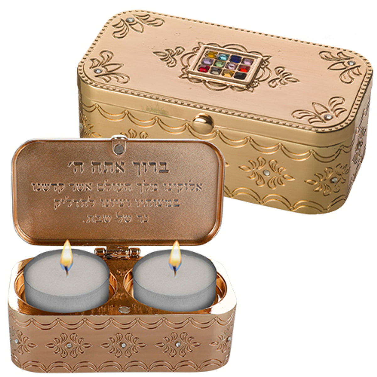 Metal Travel Size Candlesticks in a Box with Cover 3×9 cm Inlaid with Choshen Stones - Gold - UK49859