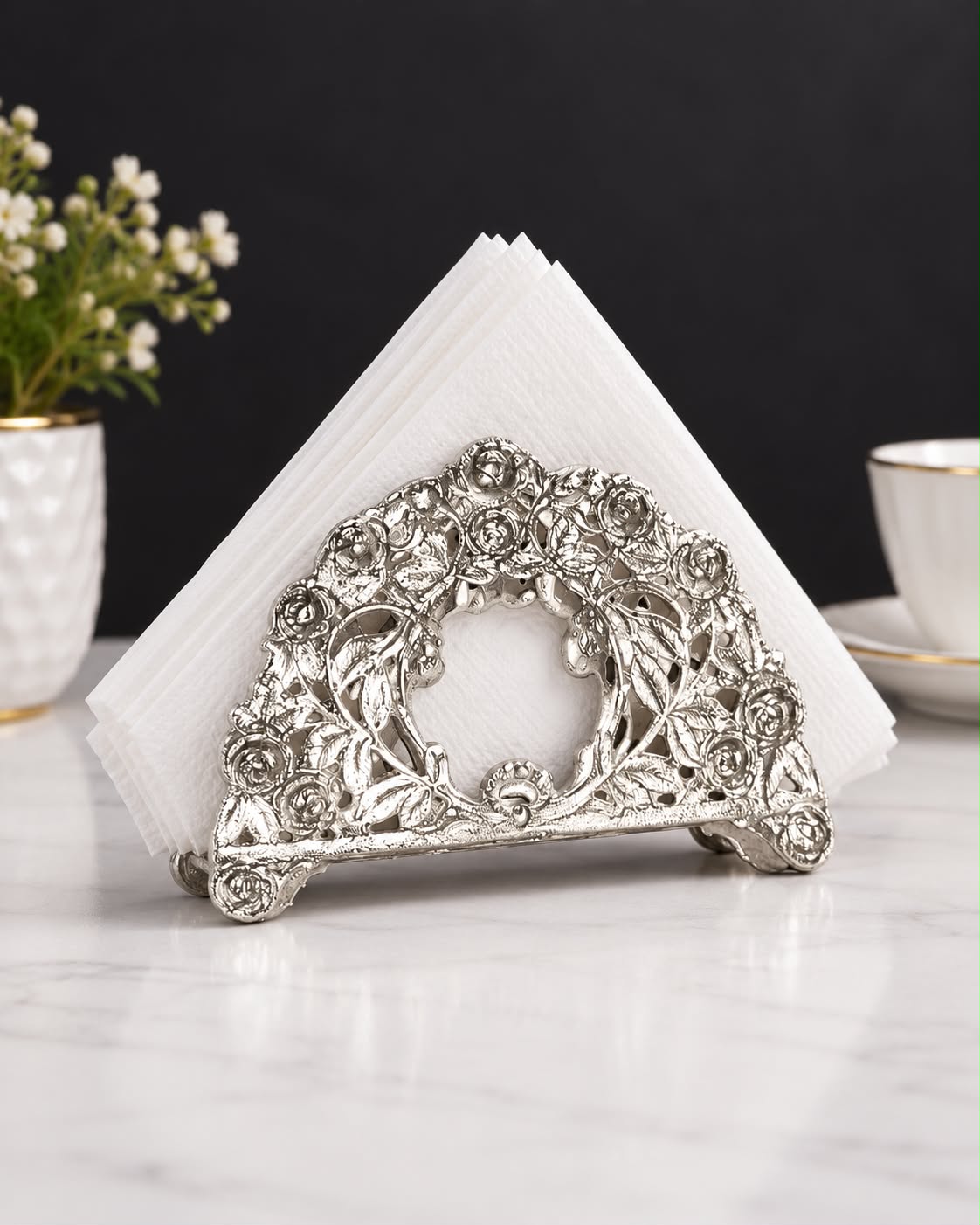 Silver Farbrengen Napkin Holder with white napkins
