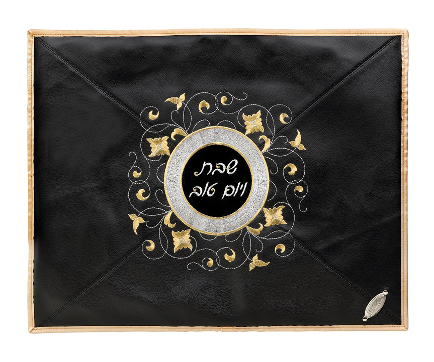 Leather Challah Cover with Metallic Design - Black