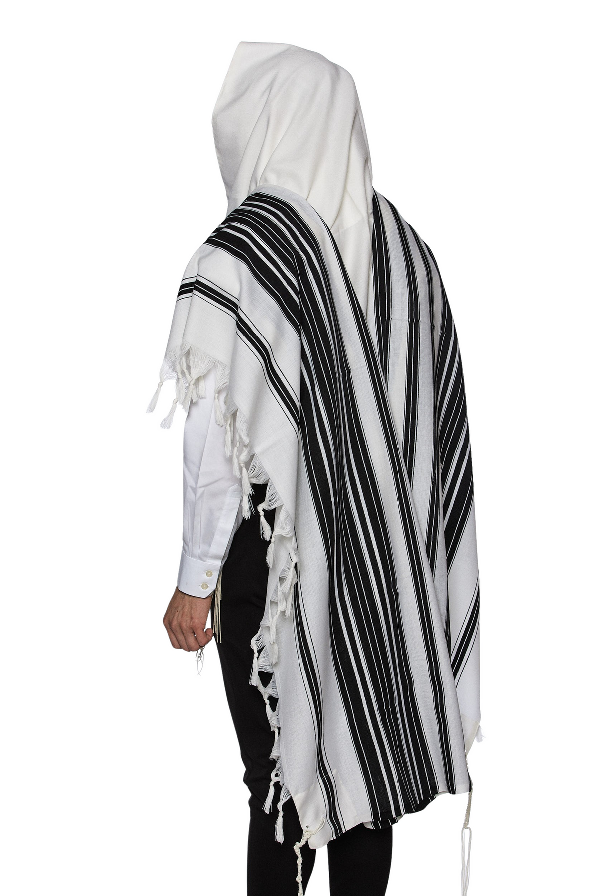 Mofet Modim black striped wool tallis, reference image of style; slim fit selection